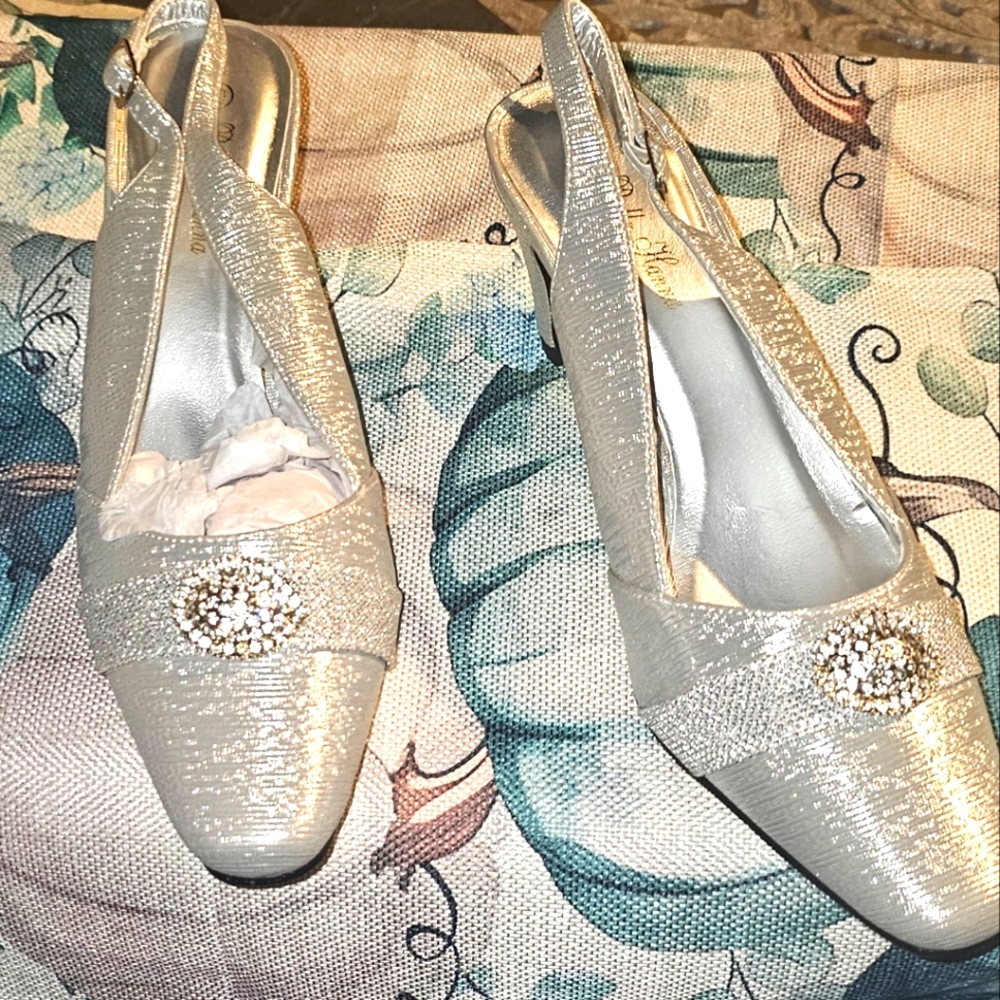 Silver Slingback Heels with Square Toe